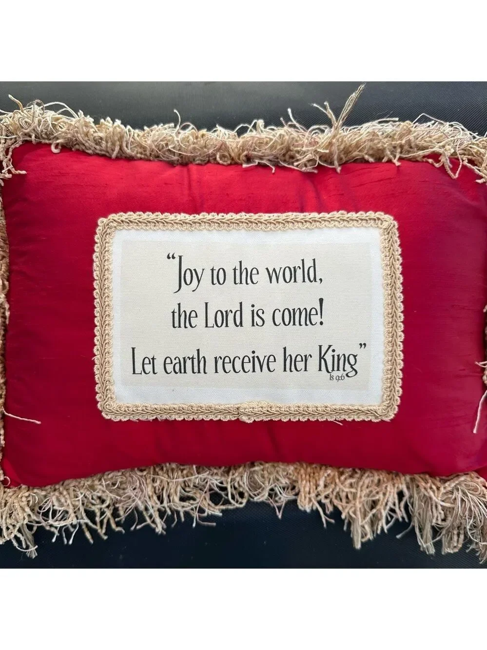 Vintage Red Holiday Pillow w/Gold Fringe ‘Joy to the World, the Lord is come!’